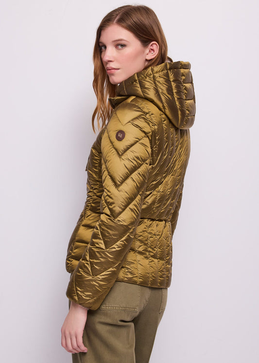 Piumino verde da donna in nylon con cappuccio