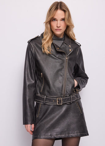 Giacca biker da donna in similpelle effetto used