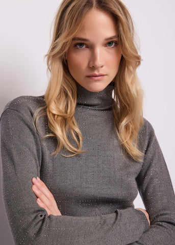 Maglia da donna in lurex grigio con strass