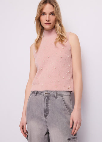 Top da donna con collo alto e perle