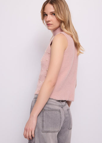 Top da donna con collo alto e perle