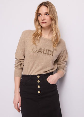 Maglia beige da donna con borchie e strass