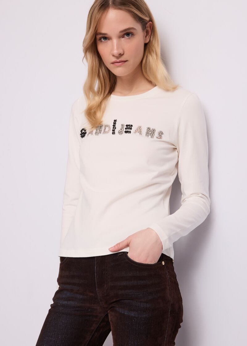 T-shirt girocollo da donna con maniche lunghe e strass - fronte