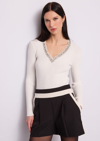 Maglia da donna con scollo a V e strass
