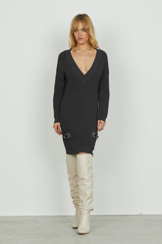 Abito ANAFI corto manica lunga scollo v con tasche più cinturini ecopelle art. RDA2509303022 Donna Relish Autunno Inverno 2025/2026