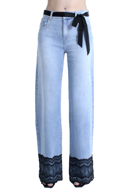 Pantalone ELLELONG_27 vita media con cintura più applicazioni pizzo fondo straight fit denim blu art. RDP2607033009 Donna Relish Primavera Estate 2026