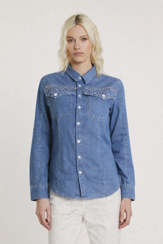 Camicia EVA_20 maniche lunghe con tasche più applicazioni strass patte slim fit denim blu art. RDP2603033007 Donna Relish Primavera Estate 2026