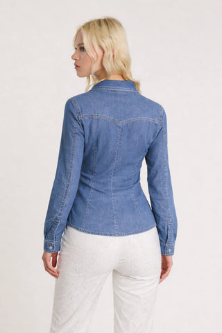Camicia EVA_20 maniche lunghe con tasche più applicazioni strass patte slim fit denim blu art. RDP2603033007 Donna Relish Primavera Estate 2026