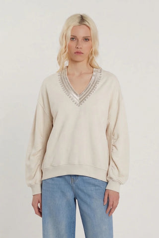 Felpa PFEIFFER maniche lunghe con arricciatura scollo a V con baguette più pietre art. RDP2601033005 Donna Relish Primavera Estate 2026