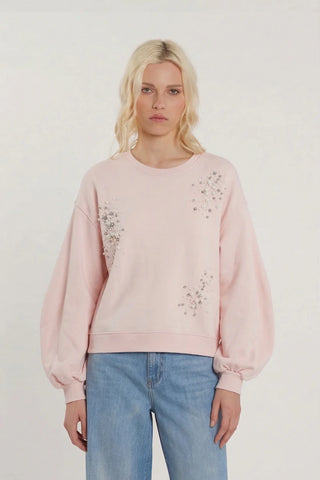 Felpa MICHELLE maniche lunghe a sbuffo più arricciatura con applicazioni perle più pietre art. RDP2601033008 Donna Relish Primavera Estate 2026