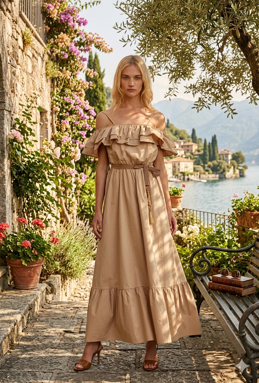 Abito MOLIER lungo maniche lunghe scollo barca più bretelle con balze più cintura con nappe art. RDP2609033027 Donna Relish Primavera Estate 2026