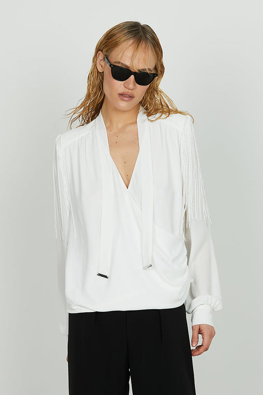 Blusa SANTORINI manica lunga scollo a v incrocio più cravattino più frange spalle art. RCA2503009001 Donna Relish Autunno Inverno 2025/2026