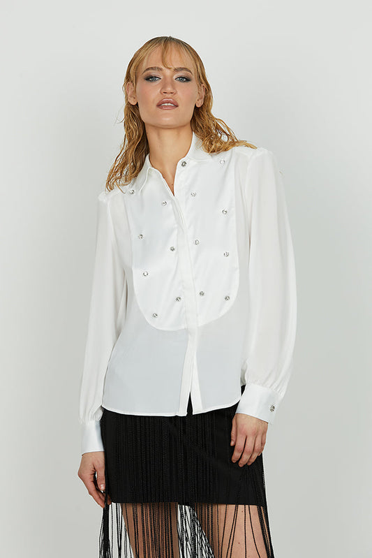 Camicia SEYSHELLES manica lunga con inserti di raso applicazioni strass art. RCA2503009002 Donna Relish Autunno Inverno 2025/2026