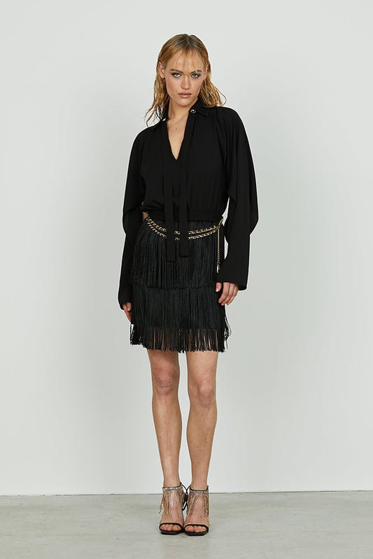 Abito ELGUAG corto scollo a v manica lunga con ap. Più fusciacca più gonna frange più cintura art. RCA2509006008 Donna Relish Autunno Inverno 2025/2026