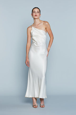ARACAJA Vestido Largo de Satén de un Solo Hombro con Pedrería y Encaje en la Espalda Artículo Satén RCP2509055007 Mujer Relish Primavera Verano 2025