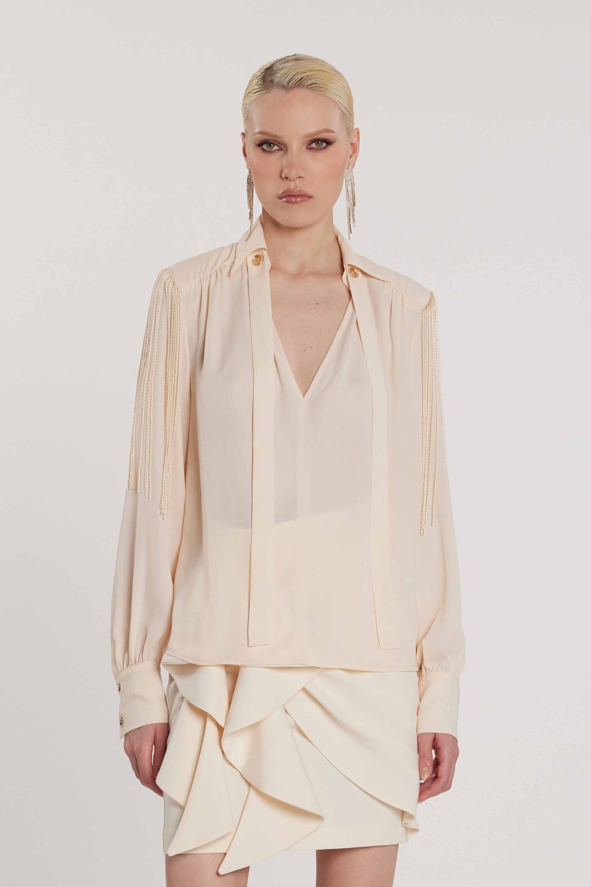 Blusa FLAPS scollo a V maniche lunghe più fusciacca più frange art. RCP2603009003 Donna Relish Primavera Estate 2026