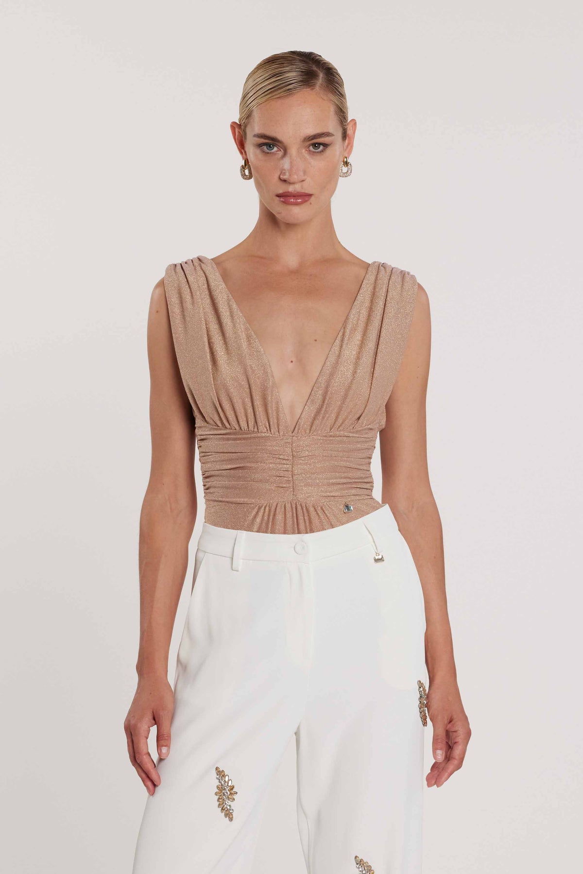 Body PANDOLFI in lurex doppio scollo a V profondo con arricciatura art. RCP2603666009 Donna Relish Primavera Estate 2026