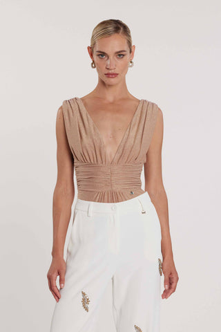 Body PANDOLFI in lurex doppio scollo a V profondo con arricciatura art. RCP2603666009 Donna Relish Primavera Estate 2026