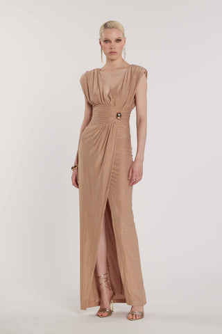 Abito FERRARI senza maniche doppio scollo a V lungo con accessorio davanti più arricciatura lurex art. RCP2609666016 Donna Relish Primavera Estate 2026