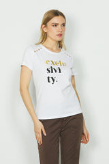 T-shirt ROSSANA m/m con tagli spalla più bottoni strass più stampa art. RDA2401033006 Donna Relish Autunno Inverno 2024/25