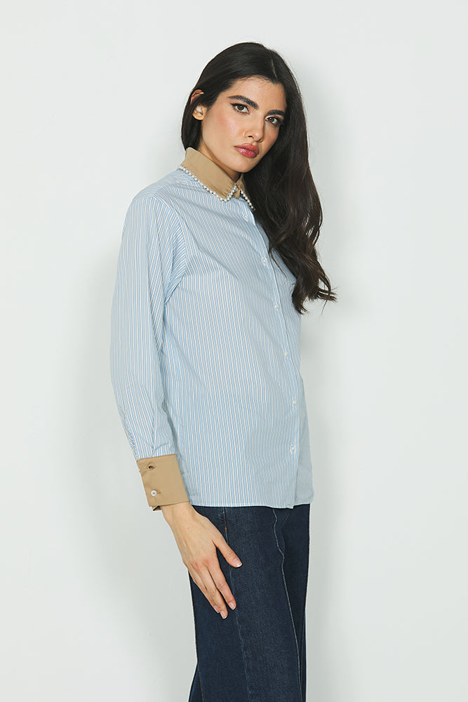 Camicia FOSCA manica lunga con polsi a contrasto più applicazione perle righe art. RDA2403056026 Donna Relish Autunno Inverno 2024/25