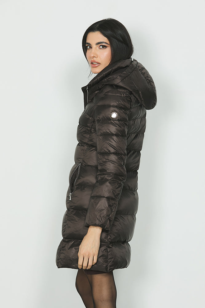 Piumino LIA lungo manica lunga con cappuccio staccabile più zip