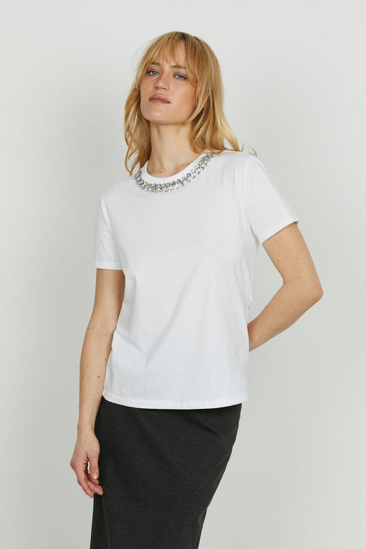 T-shirt RAIOLA mezza manica con pietre strass bordo collo art. RDA2501033010 Donna Relish Autunno Inverno 2025/2026