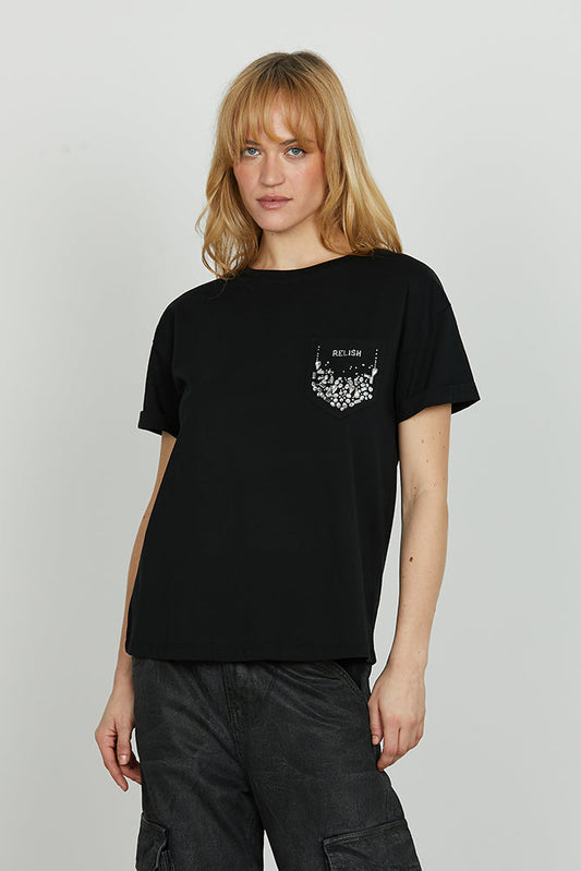 T-shirt LYRA mezza manica v/risvolto più taschino con pietre più strass art. RDA2501033015 Donna Relish Autunno Inverno 2025/2026