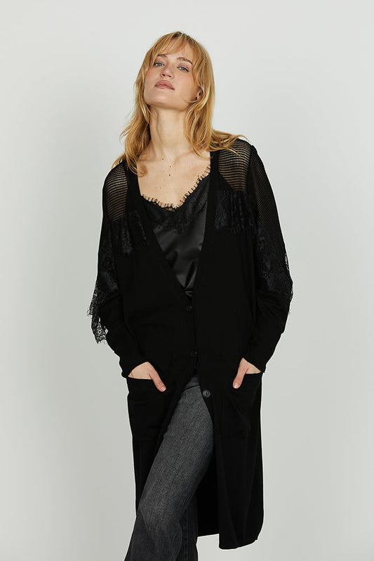 Cardigan PERLITA lungo manica lunga con inserti rete più pizzo art. RDA2502054029 Donna Relish Autunno Inverno 2025/2026