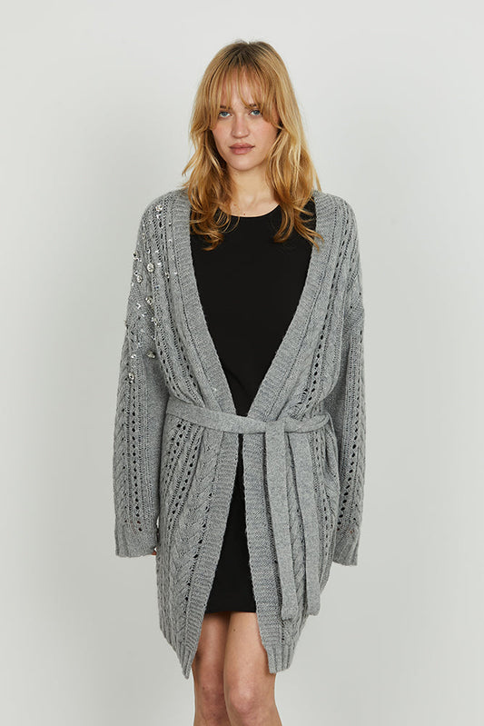 Cardigan ANDRO manica lunga con cintura più lavorazione trecce più applicazione pietre art. RDA2502605001 Donna Relish Autunno Inverno 2025/2026