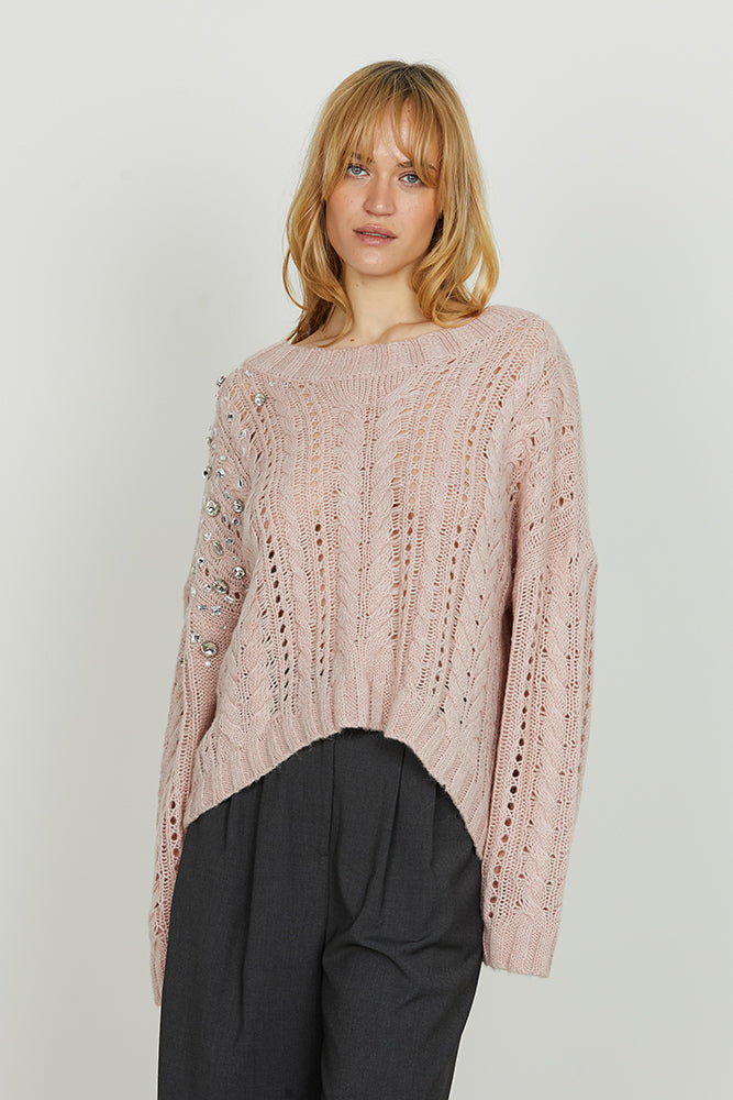 Maglia SERIFO manica lunga over con lavorazione trecce più applicazione pietre art. RDA2502605002 Donna Relish Autunno Inverno 2025/2026