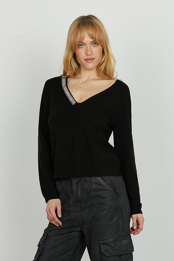 Maglia LEVITA manica lunga scollo v con applicazione perline più strass art. RDA2502605006 Donna Relish Autunno Inverno 2025/2026