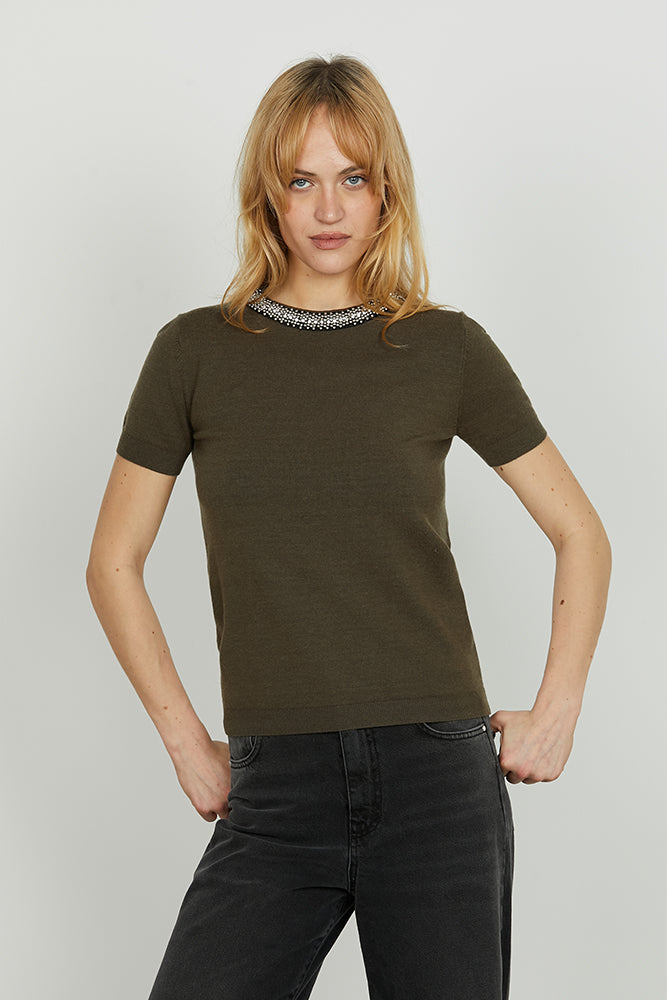 Maglia ACTERIA mezza manica con goccia più applicazione perline più strass art. RDA2502605007 Donna Relish Autunno Inverno 2025/2026