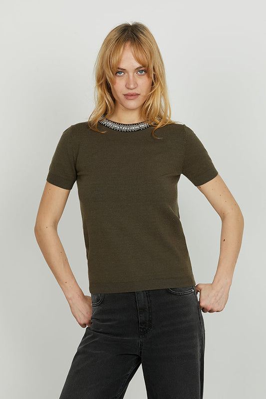 Maglia ACTERIA mezza manica con goccia più applicazione perline più strass art. RDA2502605007 Donna Relish Autunno Inverno 2025/2026
