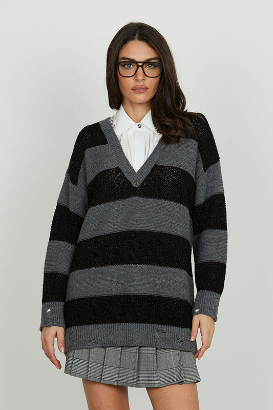 Maglia ARTEMIS lunga manica lunga scollo v righe con lurex più rotture art. RDA2502661045 Donna Relish Autunno Inverno 2025/2026