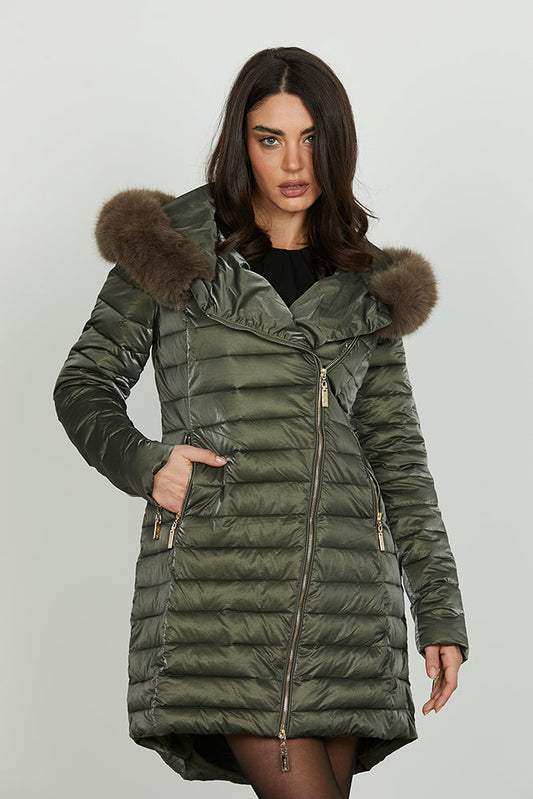 Piumino DIESSAM lungo manica lunga con ts più zip trasv. Più capp. Più ecopel.stacc. Eff.satin art. RDA2505010024 Donna Relish Autunno Inverno 2025/2026