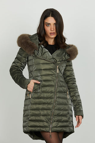 Piumino DIESSAM lungo manica lunga con ts più zip trasv. Più capp. Più ecopel.stacc. Eff.satin art. RDA2505010024 Donna Relish Autunno Inverno 2025/2026