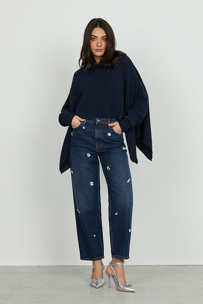 Panta CARLA_23 vita media 4 tasche con pietre strass baggy fit blue denim art. RDA2507033001 Donna Relish Autunno Inverno 2025/2026