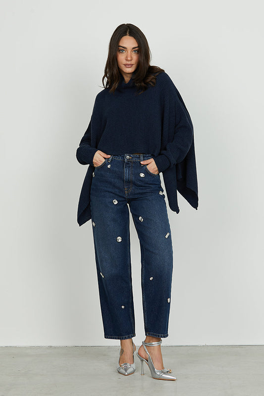 Panta CARLA_23 vita media 4 tasche con pietre strass baggy fit blue denim art. RDA2507033001 Donna Relish Autunno Inverno 2025/2026
