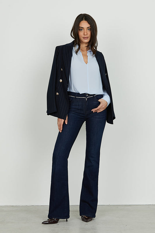 Panta SCHIFFER_29 vita media 5 ts con piping strass flaire fit denim blue art. RDA2507655024 Donna Relish Autunno Inverno 2025/2026