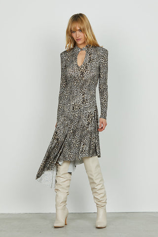Abito LOVENY midi manica lunga con colletto più gocce seno più schiena asimmetr.f.animalier art. RDA2509006029 Donna Relish Autunno Inverno 2025/2026