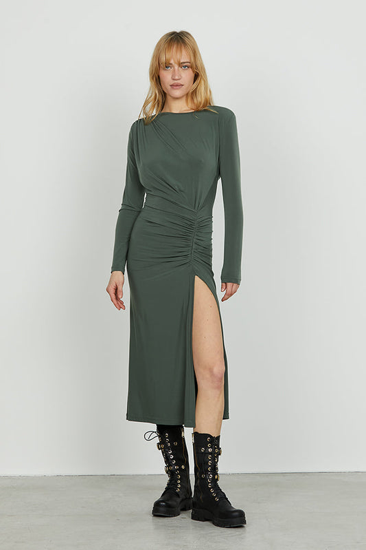 Abito PATREM midi manica lunga con pieghe più spacco più goccia schiena art. RDA2509006036 Donna Relish Autunno Inverno 2025/2026