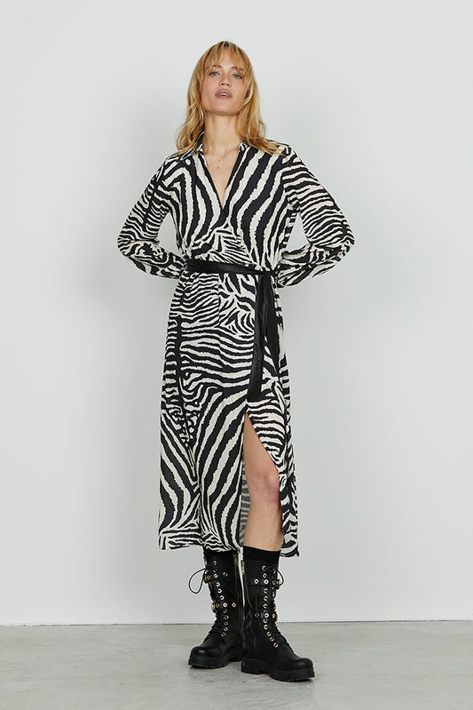Abito DATUM midi manica lunga sc.incrocio più cintura più gonna portafoglio f.animalier art. RDA2509009003 Donna Relish Autunno Inverno 2025/2026