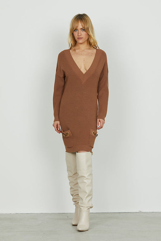 Abito ANAFI corto manica lunga scollo v con tasche più cinturini ecopelle art. RDA2509303022 Donna Relish Autunno Inverno 2025/2026