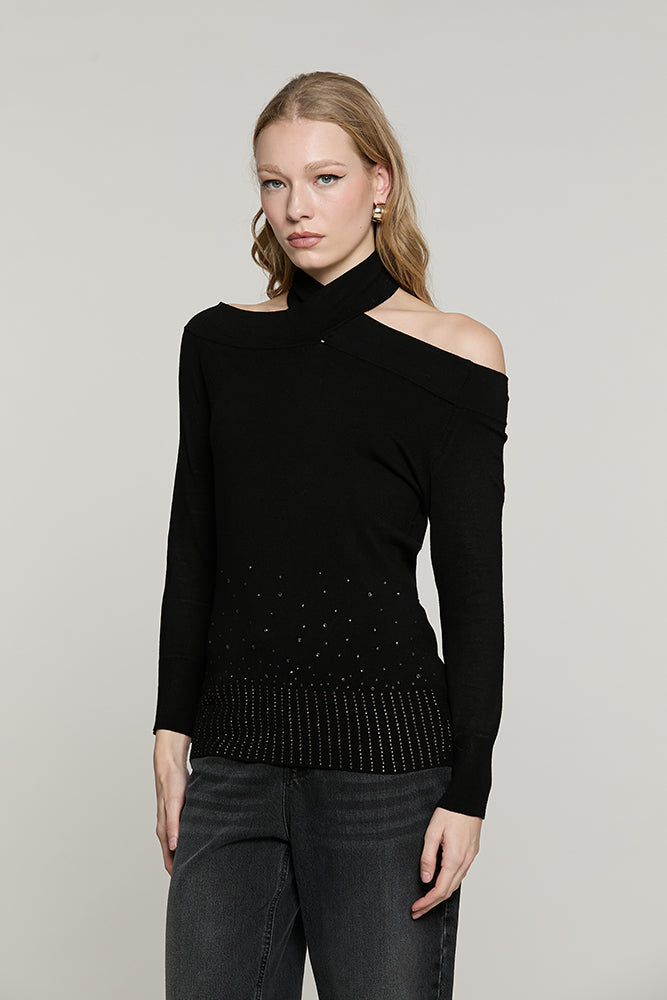 Maglia SECURAMENTE manica lunga scollo bardot con collo incrociato + strass fondo - RDA2602054005 - Relish Autunno/Inverno 2026