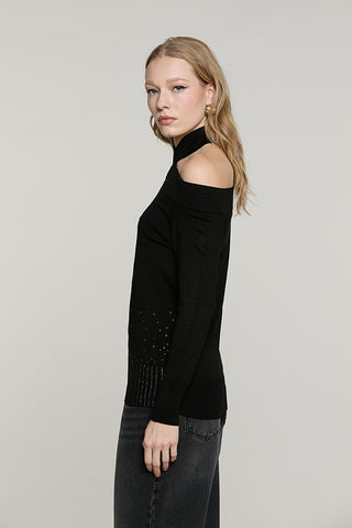 Maglia SECURAMENTE manica lunga scollo bardot con collo incrociato + strass fondo - RDA2602054005 - Relish Autunno/Inverno 2026