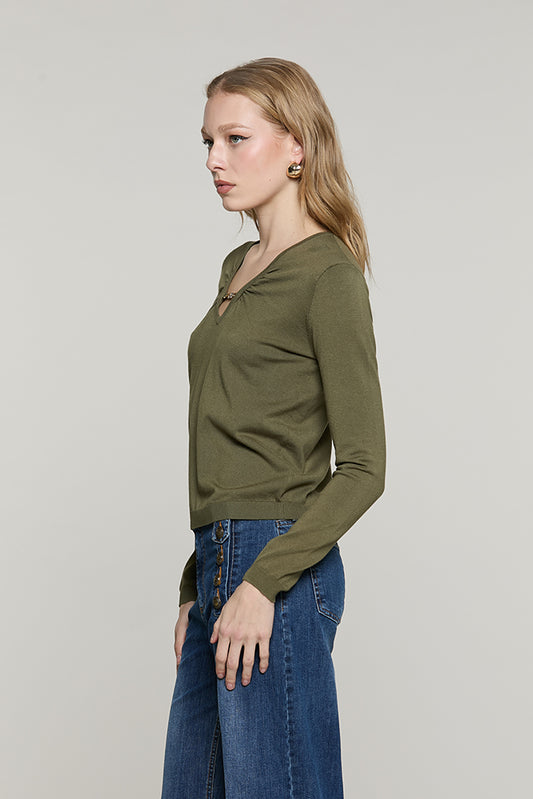 Maglia MORSETTO manica lunga scollo v con arricci + catena logo strass - RDA2602054006 - Relish Autunno/Inverno 2026