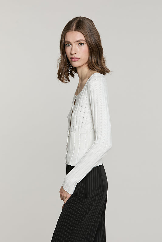 Cardigan MARISET manica lunga scollo madonna con strass + bott.crysta + cintura - RDA2602054009 - Relish Autunno/Inverno 2026