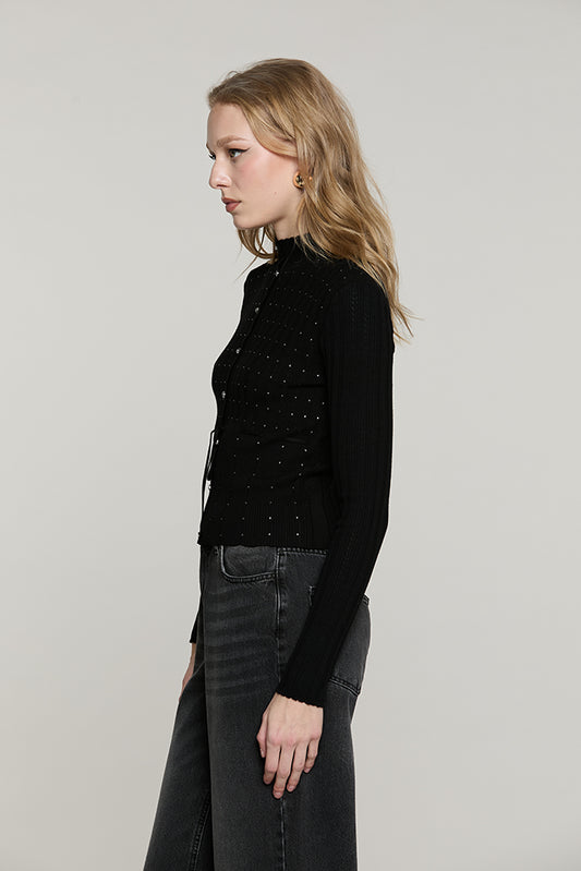 Cardigan ROCHET manica lunga colletto vulcano con strass + bott.crystal + cintura - RDA2602054010 - Relish Autunno/Inverno 2026