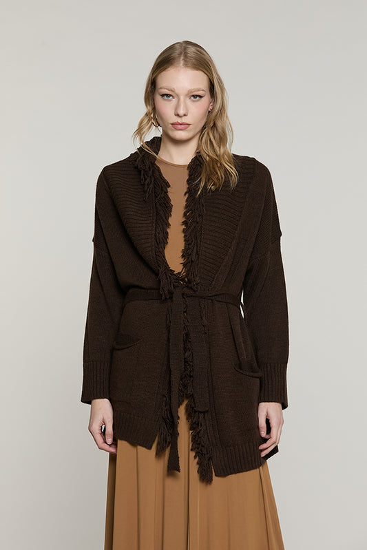 Cardigan MIKALI manica lunga lungo con cintura + tasche Frange - RDA2602529059 - Relish Autunno/Inverno 2026